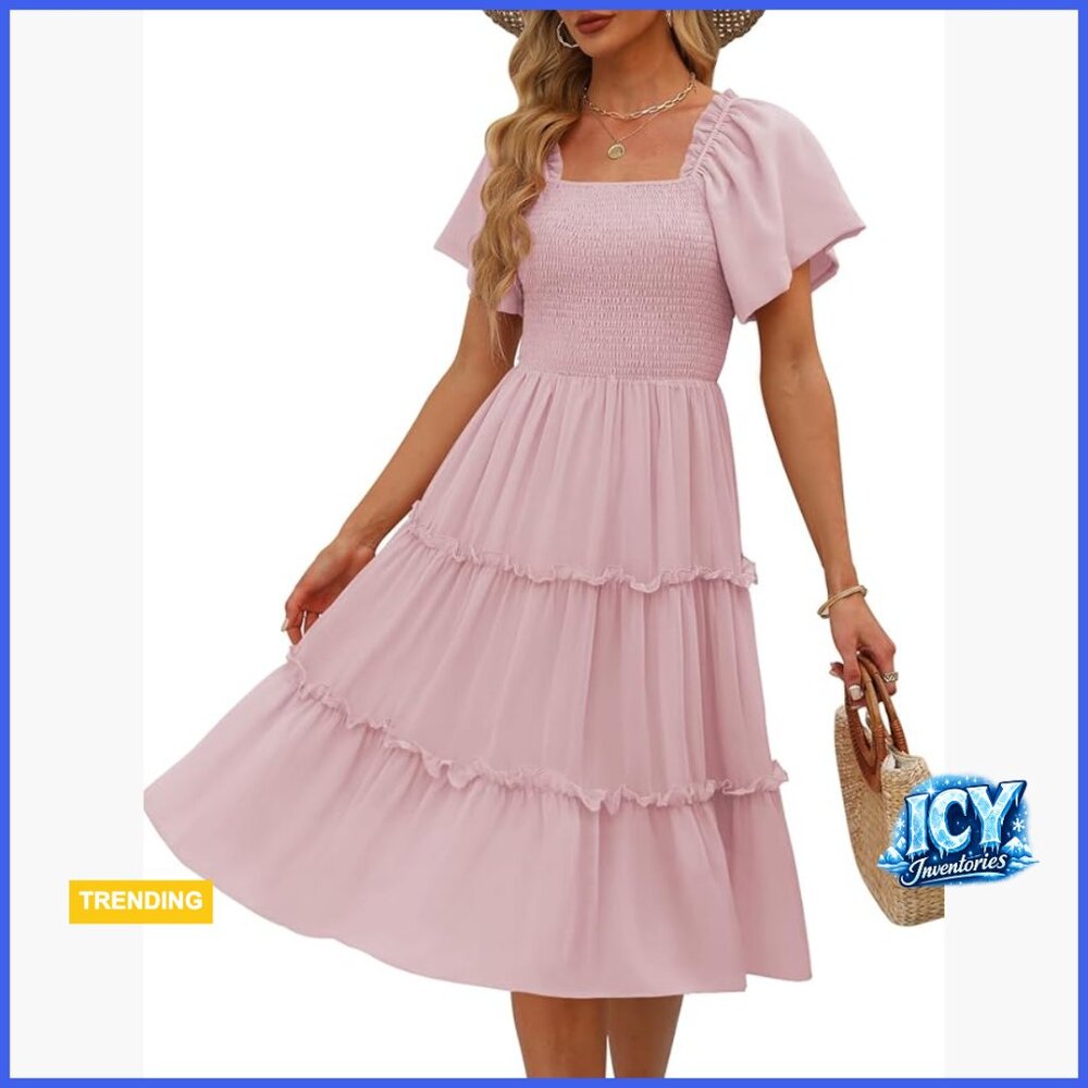 Polyester Flutter Sleeve Square Neck Smocked Midi… - image 1